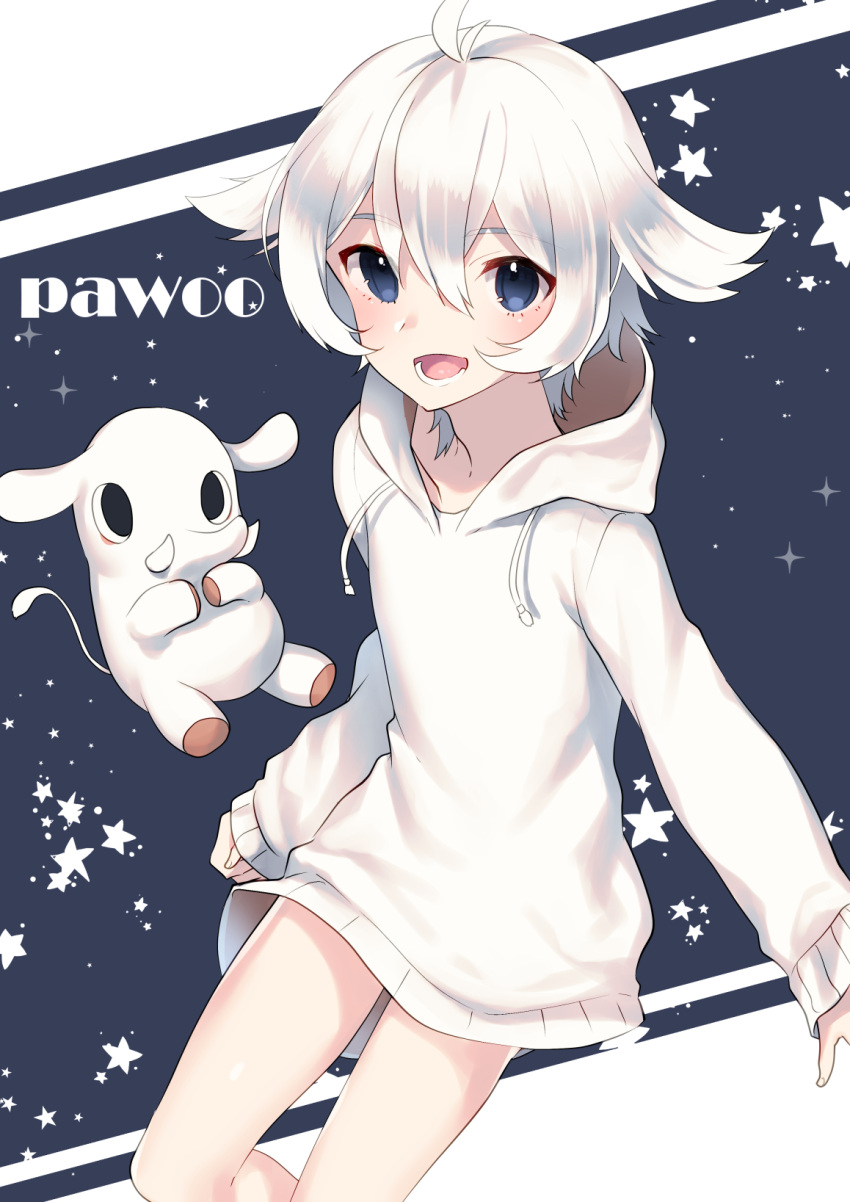 1boy, :d, ahoge, blue_background, blue_eyes, commentary_request, drawstring, elephant