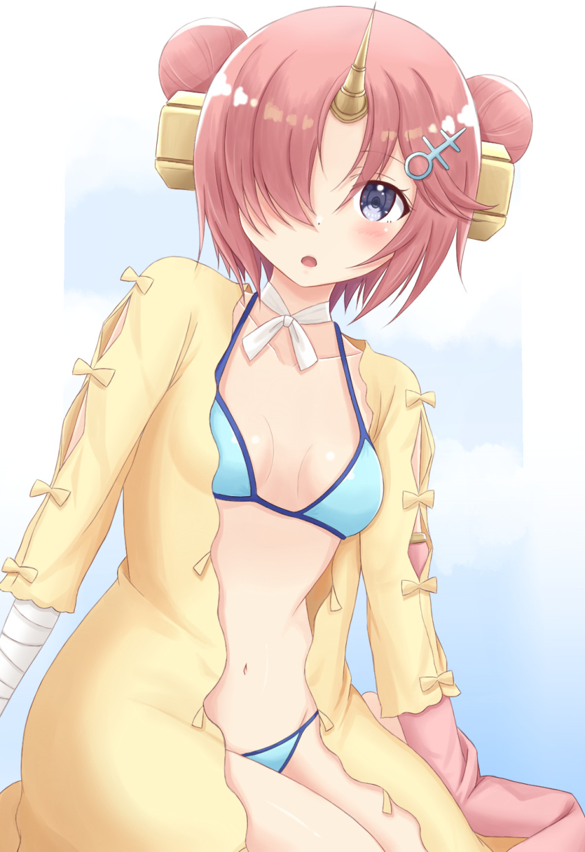 1girl, :o, berserker_of_black, bikini, blue_bikini, blue_eyes, breasts, choker