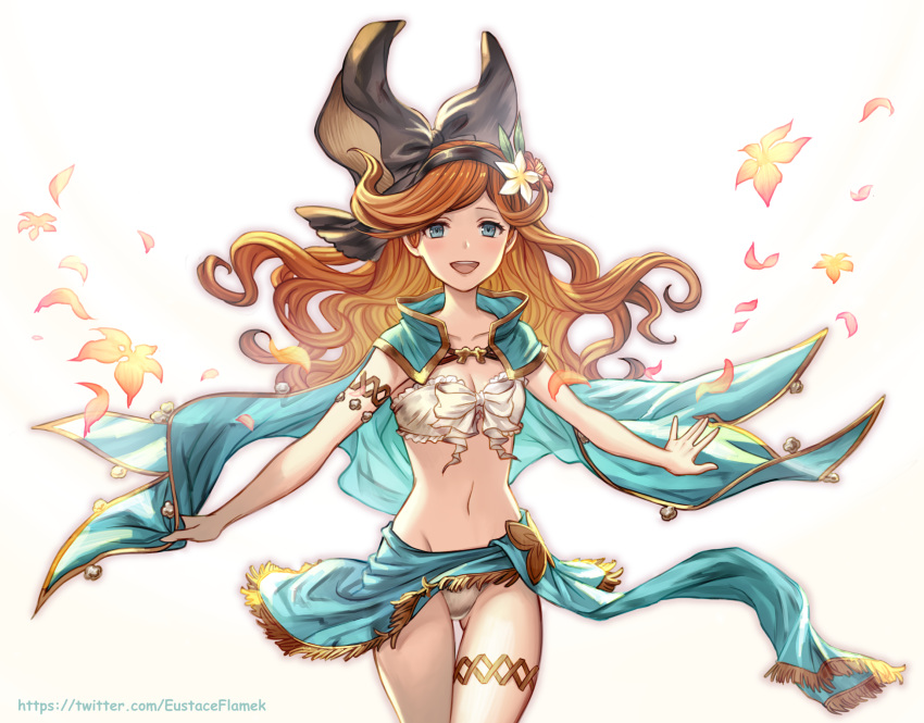 1girl, :d, aqua_cape, arm_garter, black_hairband, blue_eyes, cape, eustace-flamek