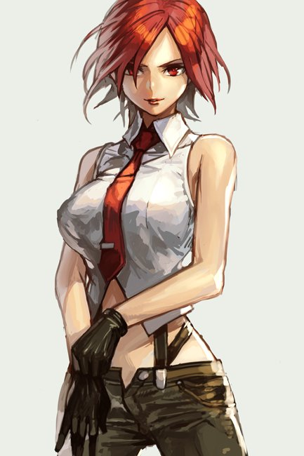 bare_shoulders, black_gloves, breasts, gloves, grey_background, hankuri, large_breasts, looking_at_viewer