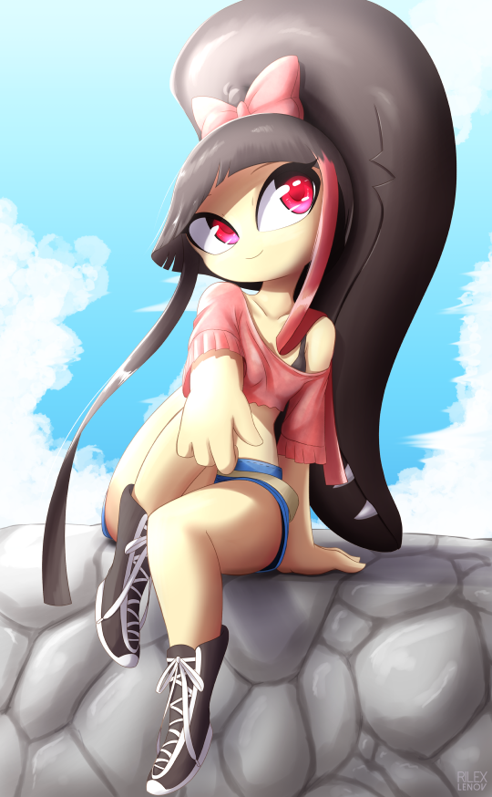 1girl, bangs, black_hair, blue_sky, blunt_bangs, bow, clouds, crop_top, day, full_body, hair_bow, humanization, long_hair, looking_to_the_side, mawile, midriff, multicolored_hair, navel, pink_bow, pokemon, ponytail, red_eyes, rilex_lenov, shorts, sitting, sky, smile, solo, stone_wall, streaked_hair, wall, yellow_skin