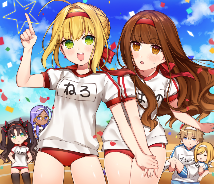 >:d, 2boys, 4girls, :d, ahoge, arm_up, bangs, black_bow