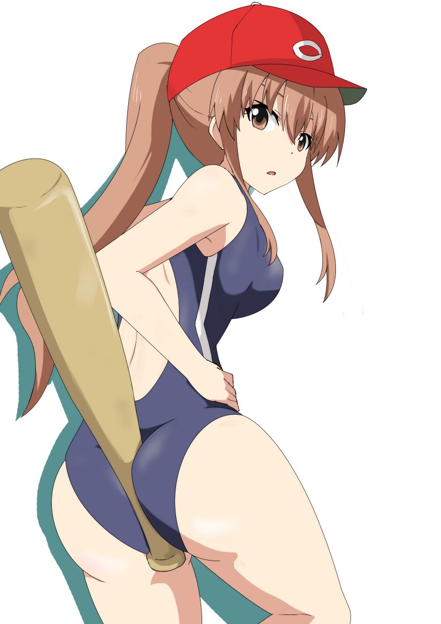 1girl, aoba_kazane, ass, baseball_bat, blue_swimsuit, brown_eyes, brown_hair, competition_swimsuit