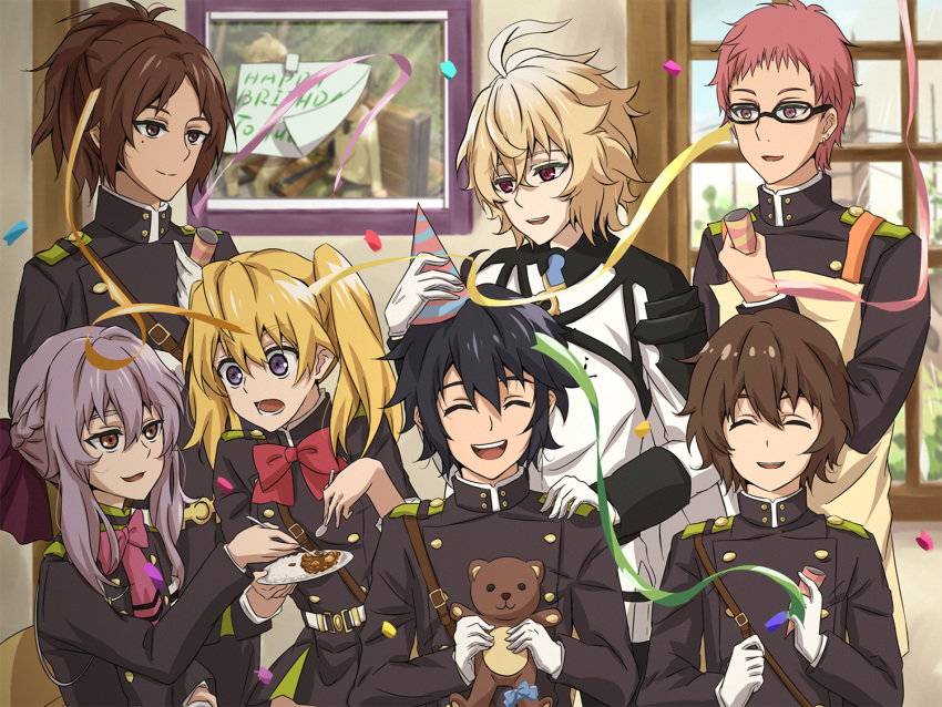 2boys, 5girls, ahoge, black-framed_eyewear, black_hair, blonde_hair, bow, bowtie
