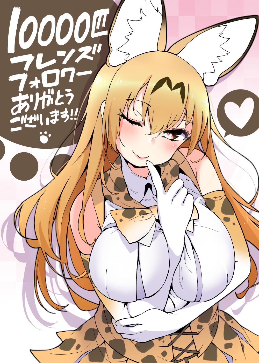 1girl, animal_ears, bangs, between_breasts, blonde_hair, blush, bow, bowtie