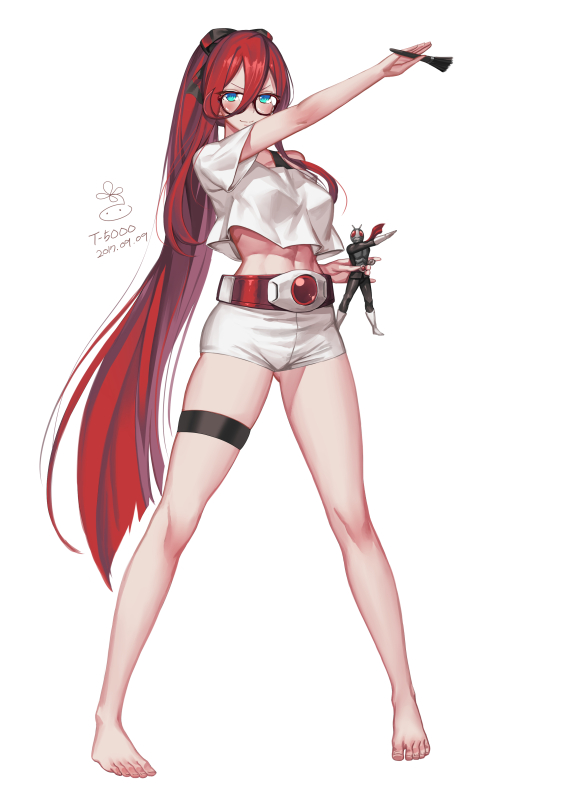 1girl, arm_up, barefoot, belt, blue_eyes, blush, character_name, character_request