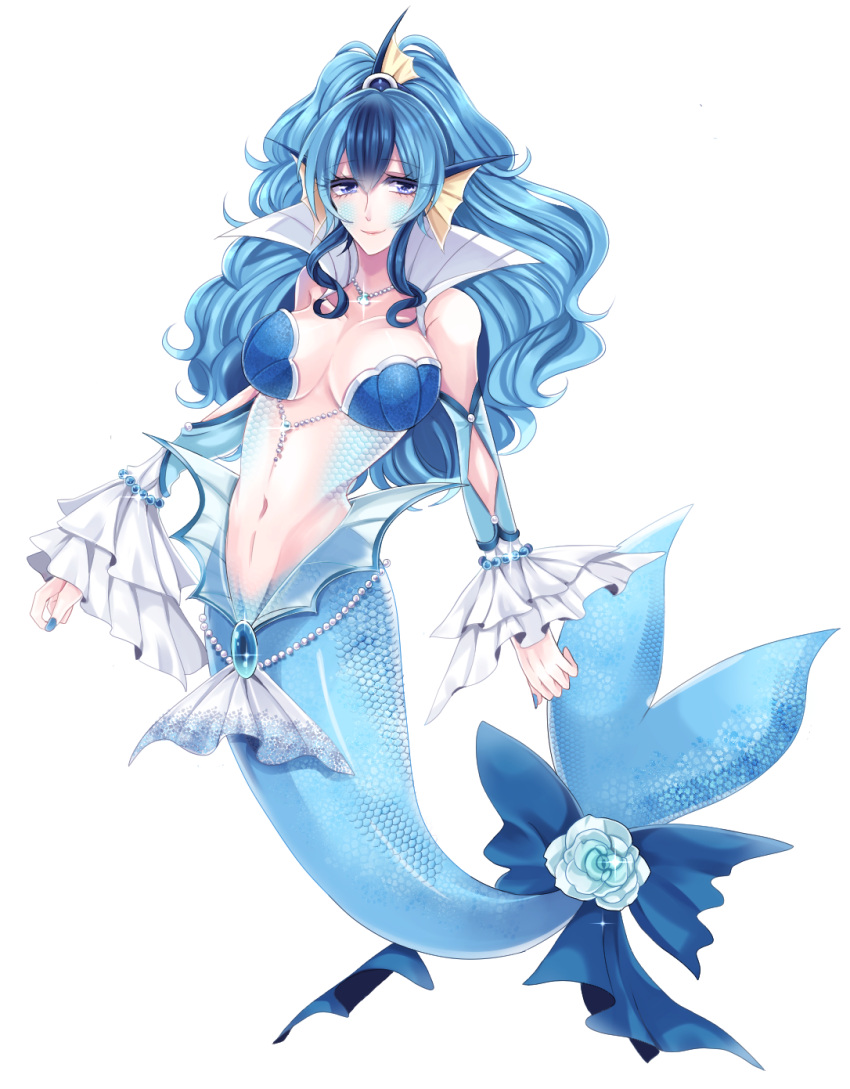 asame21, blue_eyes, blue_flower, blue_hair, blue_nails, bracelet, breasts, cleavage, full_body, glint, head_fins, highres, jewelry, large_breasts, long_hair, looking_at_viewer, mermaid, monster_girl, nail_polish, navel, necklace, personification, pokemon, scales, smile, vaporeon