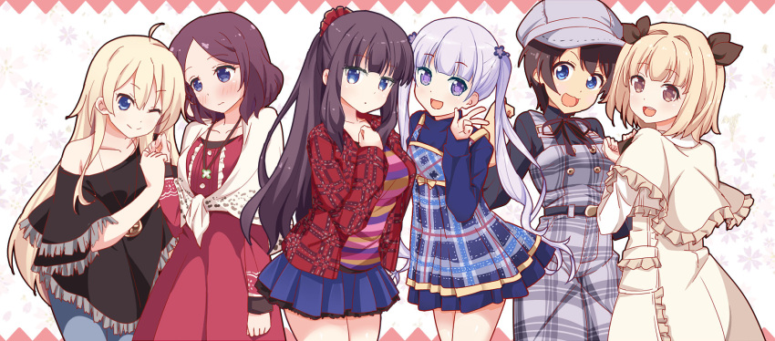 6+girls, :d, ;), bangs, blonde_hair, blue_eyes, blunt_bangs, brown_eyes, brown_hair, capelet, dress, frills, hat, highres, iijima_yun, kisachi, lavender_hair, long_hair, looking_at_viewer, miniskirt, multiple_girls, new_game!, off_shoulder, one_eye_closed, open_mouth, overalls, plaid, plaid_dress, plaid_shirt, pleated_dress, pleated_skirt, poncho, ponytail, purple_hair, shinoda_hajime, shirt, short_dress, short_hair, skirt, smile, striped, striped_shirt, suzukaze_aoba, takimoto_hifumi, tooyama_rin, twintails, v, very_long_hair, violet_eyes, yagami_kou