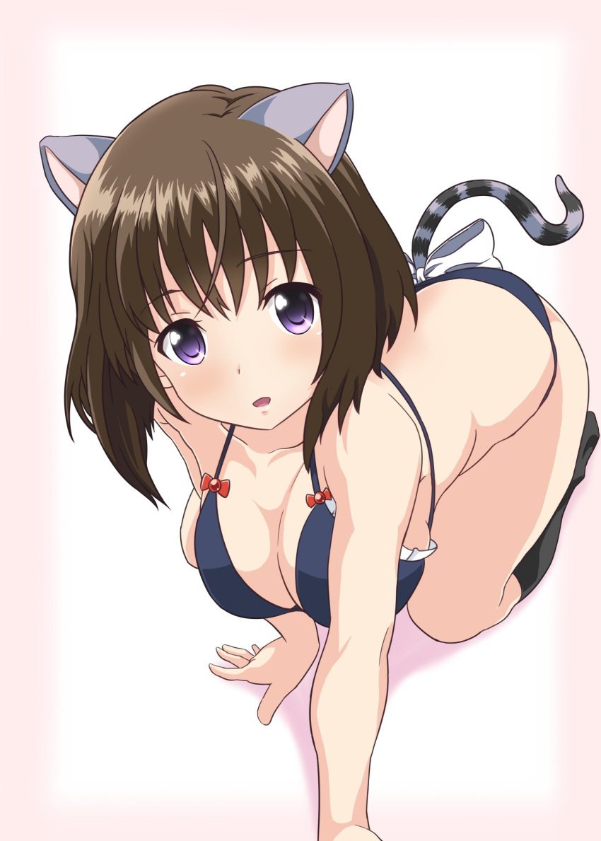 1girl, :o, all_fours, alternative_girls, animal_ears, asahina_nono, bikini, bow