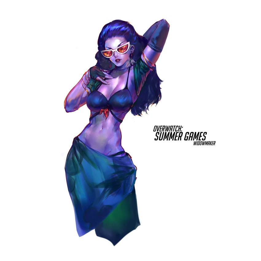 1girl, alternate_costume, anton_oxenuk, arm_behind_head, bikini, bracelet, breasts, cleavage, cote_d'azur_widowmaker, earrings, fingerless_gloves, gloves, highres, hoop_earrings, jewelry, navel, overwatch, parted_lips, purple_hair, purple_skin, sarong, simple_background, solo, stomach, sunglasses, swimsuit, toned, upper_body, widowmaker_(overwatch)