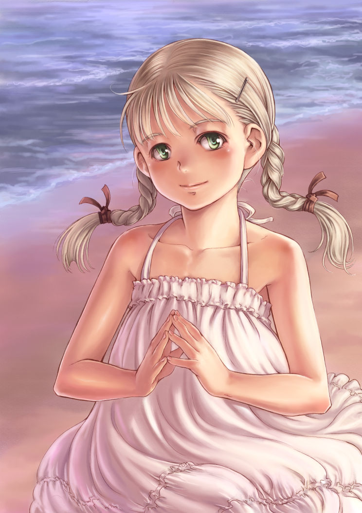 1girl, blonde_hair, blush, braid, closed_mouth, collarbone, dress, eyebrows_visible_through_hair