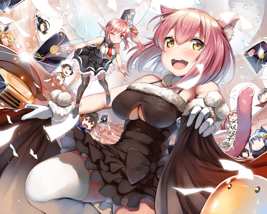 6+girls, :d, ;), ^_^, animal_ears, anna_jansch, bangs, black_dress, black_hair, blonde_hair, blue_eyes, blue_hair, blush, breasts, brown_hair, cat_ears, cat_tail, ceo(kanpani), character_request, closed_eyes, closed_mouth, clulu_alumina, clulu_aluminal, dress, dutch_angle, elmina_romberg, envelope, eyebrows_visible_through_hair, garter_straps, glasses, glint, hat, highres, hisame_shakadou, jitome, kanpani_girls, large_breasts, lolicept, looking_at_viewer, loviisa_kiesi, miluska_macha, multiple_girls, one_eye_closed, open_mouth, pointy_ears, police_hat, ponytail, red_eyes, romana_ledvina, ruka(kanpani), short_hair, slime, slit_pupils, smile, tail, teeth, thigh-highs, thighs, under_boob, underboob_cutout, white_legwear, yellow_eyes