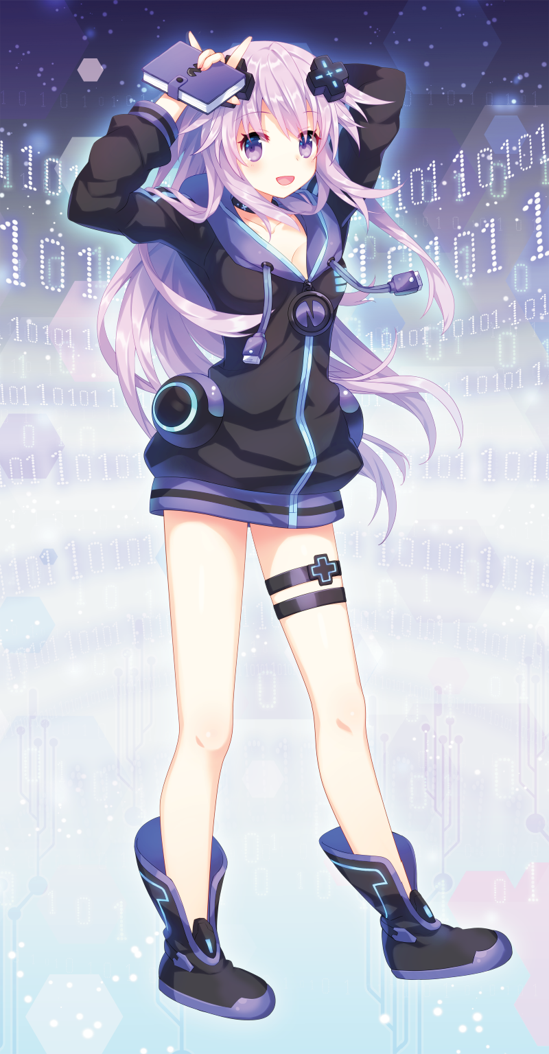 1girl, adult_neptune, book, boots, breasts, choker, d-pad, full_body