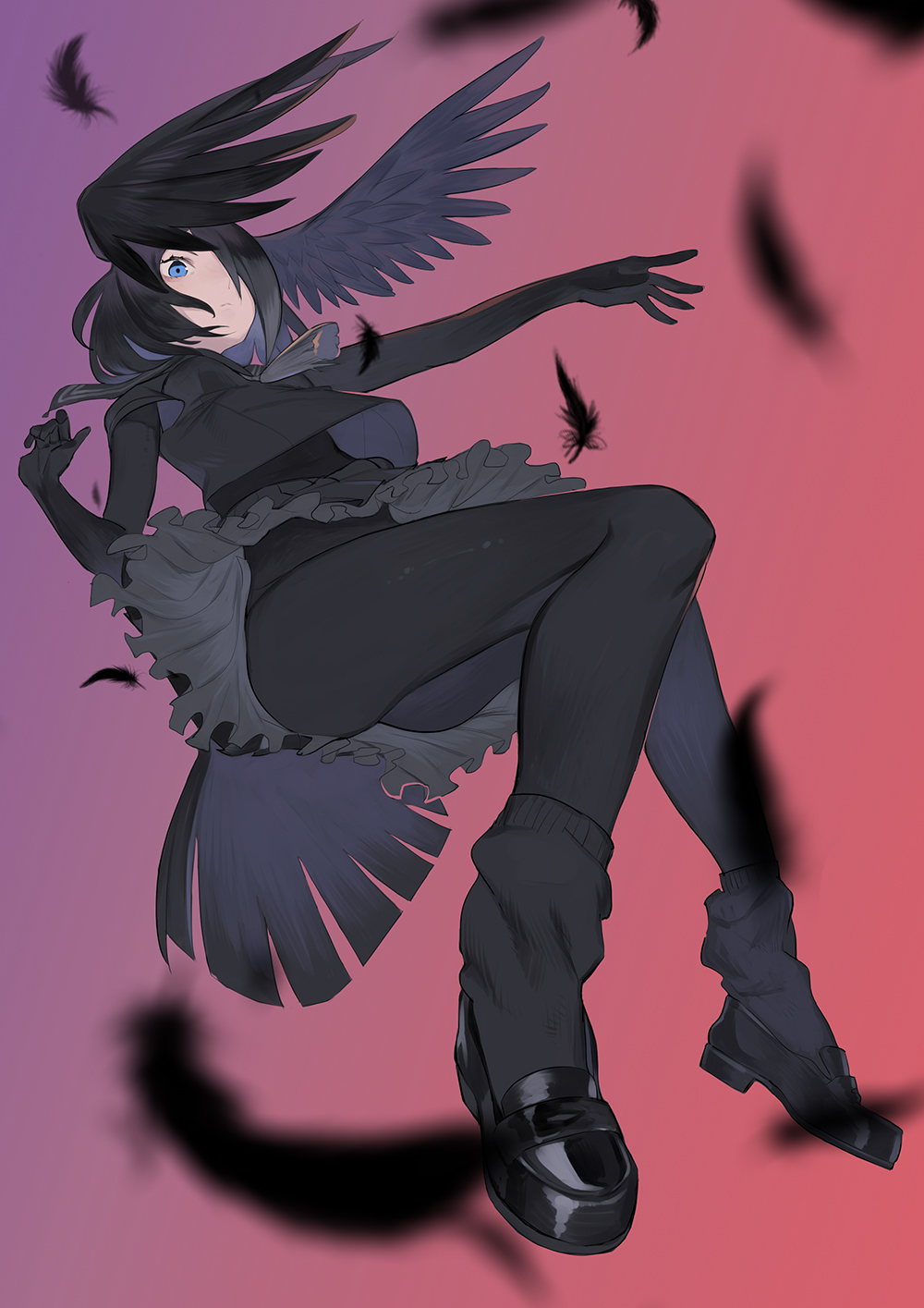 1girl, black_hair, blue_eyes, feathered_wings, feathers, gloves, hair_over_one_eye, highres