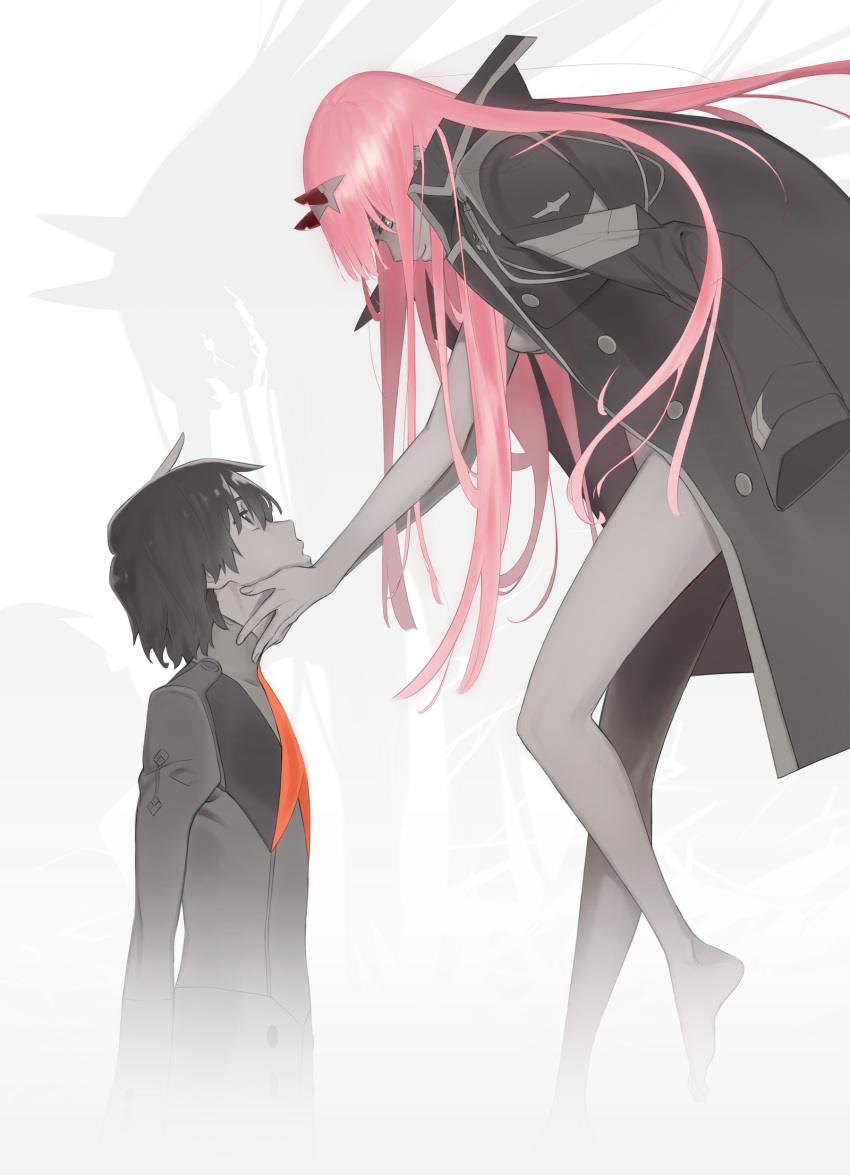 1boy, 1girl, absurdres, barefoot, black_hair, code:002, code:016, darling_in_the_franxx, different_shadow, floating, hands_on_another's_face, highres, horns, jacket_on_shoulders, key_visual, light_smile, long_hair, looking_at_another, official_art, pink_hair, short_hair, spot_color, tanaka_masayoshi