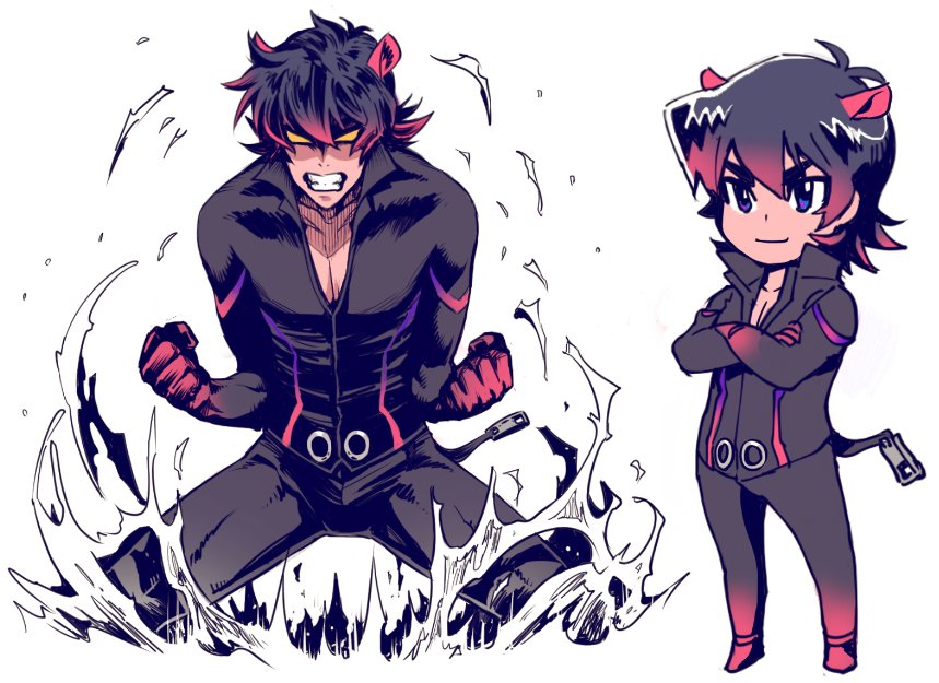 1boy, angry, animal_ears, black_hair, bodysuit, chibi, clenched_hands, clenched_teeth