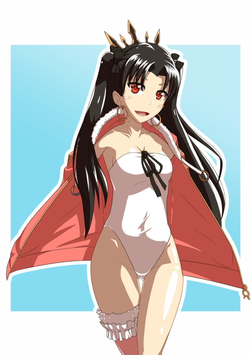 1girl, black_hair, black_ribbon, casual_one-piece_swimsuit, cowboy_shot, earrings, fate/grand_order, fate_(series)