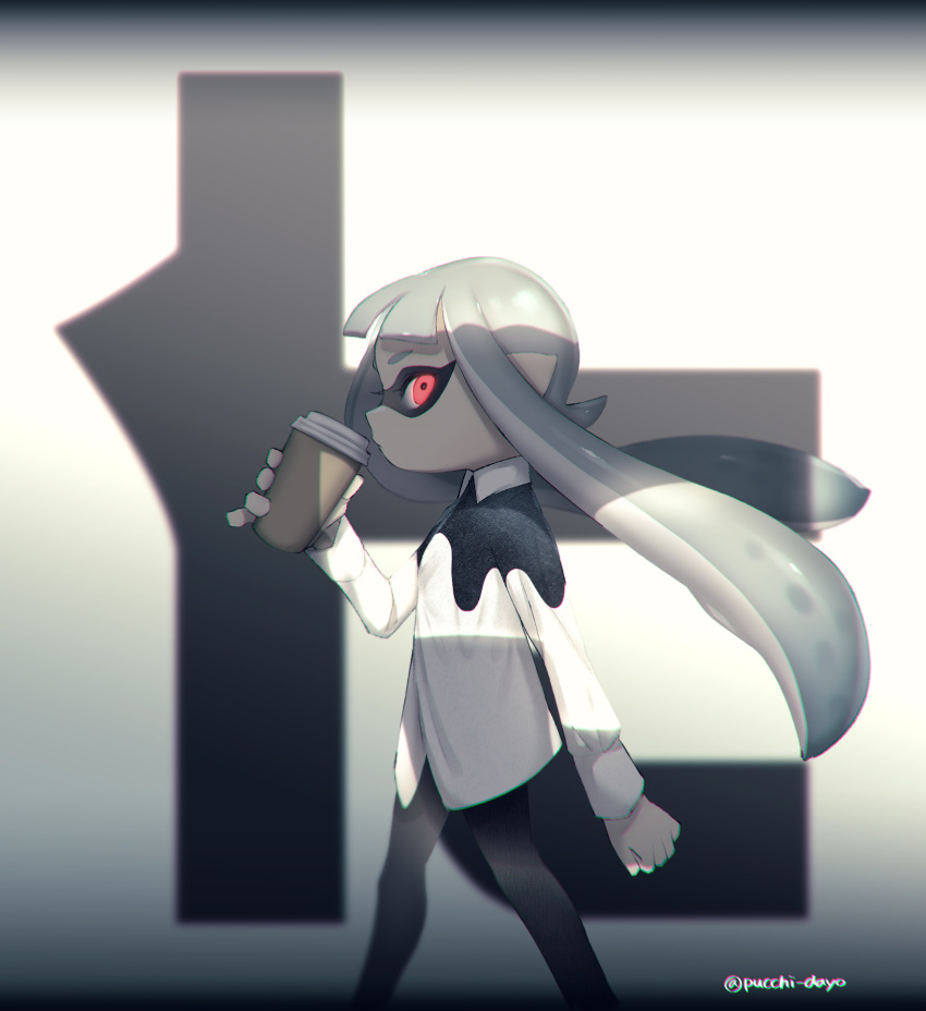 1girl, bangs, black_pants, blunt_bangs, coffee_cup, collared_shirt, domino_mask, drinking, from_side, grey_hair, highres, holding, inkling, inkling_(language), long_hair, long_sleeves, looking_at_viewer, mask, pants, pointy_ears, puchiman, red_eyes, shadow, shirt, solo, splatoon, standing, tentacle_hair, twitter_username, waling, white_shirt
