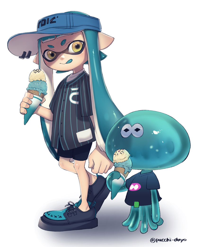 1girl, :p, bangs, baseball_jersey, black_shirt, black_shorts, blue_hat, blue_shoes