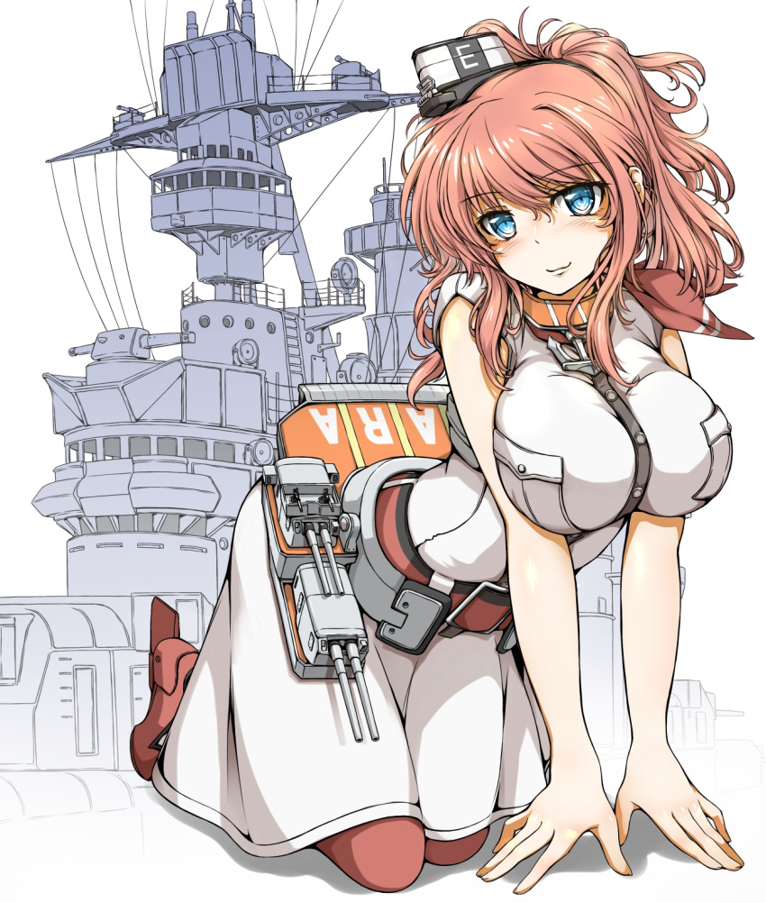 1girl, all_fours, anchor, blue_eyes, breast_pocket, breasts, brown_hair, cannon