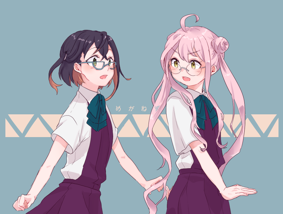 2girls, achii_adachi, adapted_costume, ahoge, black_hair, blue-framed_eyewear, brown_hair, cowboy_shot