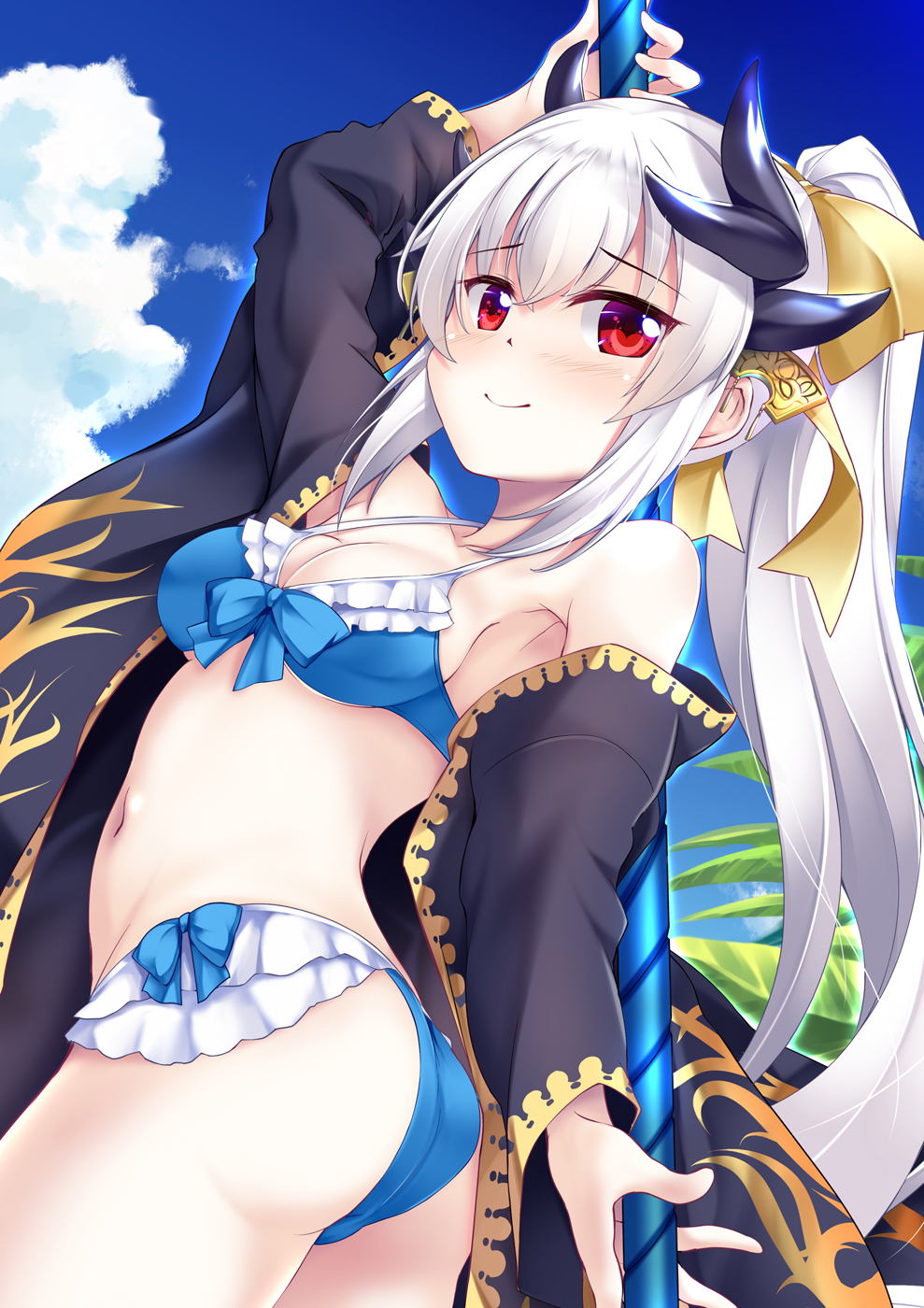 1girl, ass, bikini, blue_bikini, blush, breasts, cleavage, fate/grand_order