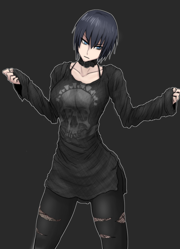 bhm, black_background, black_hair, black_pants, black_shirt, blue_eyes, breasts, clenched_hands