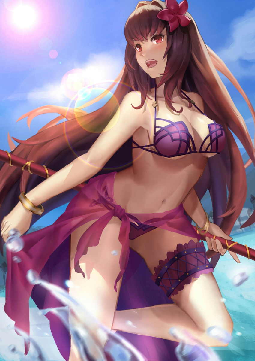 1girl, bikini, blush, bracelet, breasts, cleavage, fate/grand_order, fate_(series), flower, gae_bolg, hair_flower, hair_ornament, highres, jewelry, large_breasts, long_hair, luobo_carrot, open_mouth, polearm, purple_bikini, purple_hair, red_eyes, sarong, scathach_(fate/grand_order), scathach_(swimsuit_assassin)_(fate), solo, spear, swimsuit, thigh_strap, very_long_hair, water, weapon