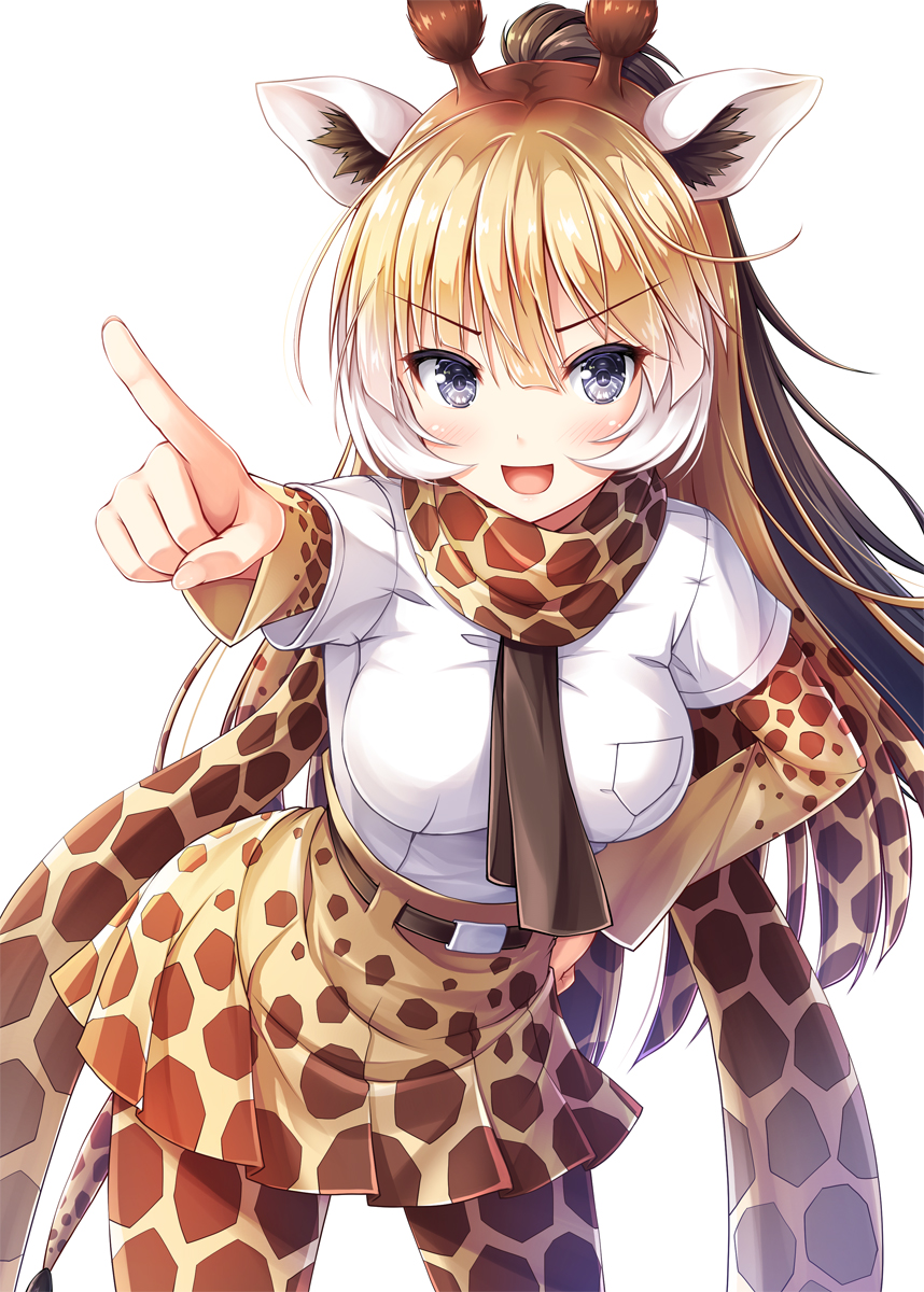 1girl, :d, akashio_(loli_ace), bangs, blonde_hair, blue_eyes, breast_pocket, breasts, brown_hair, eyebrows_visible_through_hair, giraffe_ears, giraffe_print, giraffe_tail, gradient_hair, hair_between_eyes, hand_on_hip, high-waist_skirt, highres, kemono_friends, leaning_forward, long_hair, long_sleeves, looking_at_viewer, medium_breasts, multicolored_hair, open_mouth, pantyhose, pleated_skirt, pocket, pointing, pointing_at_viewer, ponytail, reticulated_giraffe_(kemono_friends), sidelocks, simple_background, skirt, smile, solo, white_background, white_hair