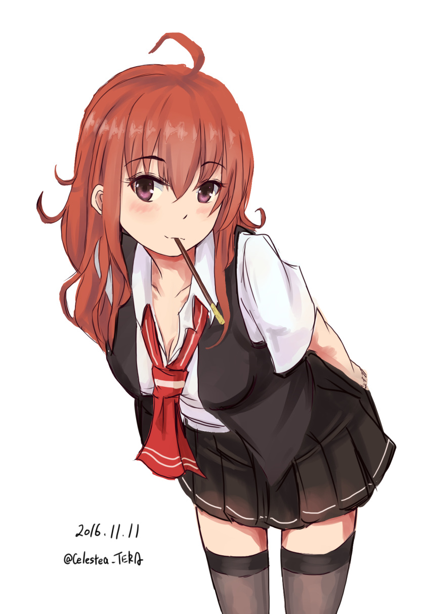 ahoge, alternate_hair_length, alternate_hairstyle, arashi_(kantai_collection), arms_behind_back, bending_forward, black_legwear, black_vest