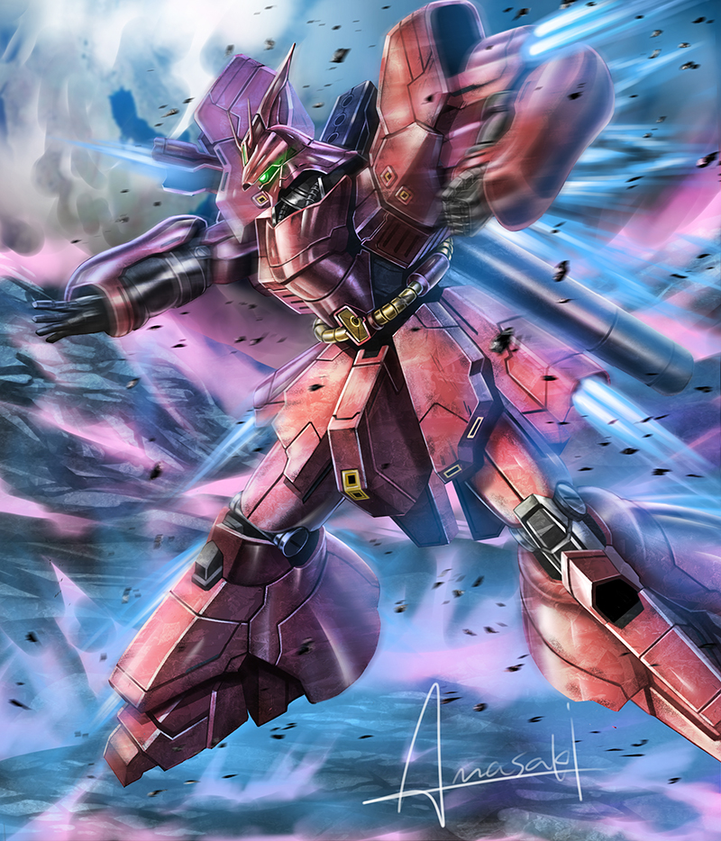 axis_(gundam), battle, char's_counterattack, clenched_hand, glowing, glowing_eye, green_eyes, gundam