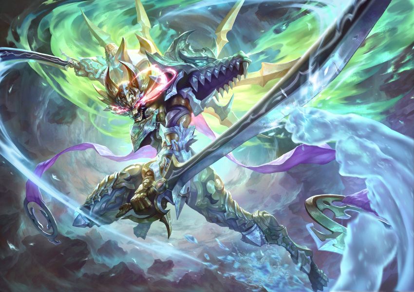 1boy, absurdres, armor, chains, commentary_request, dual_wielding, fire, full_armor