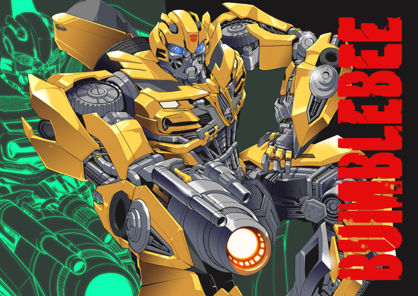 1boy, artist_request, autobot, blue_eyes, bumblebee, cannon, character_name, energon