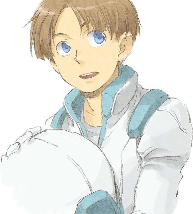 1boy, blue_eyes, brown_hair, graphite_(medium), gundam, headwear_removed, helmet, helmet_removed