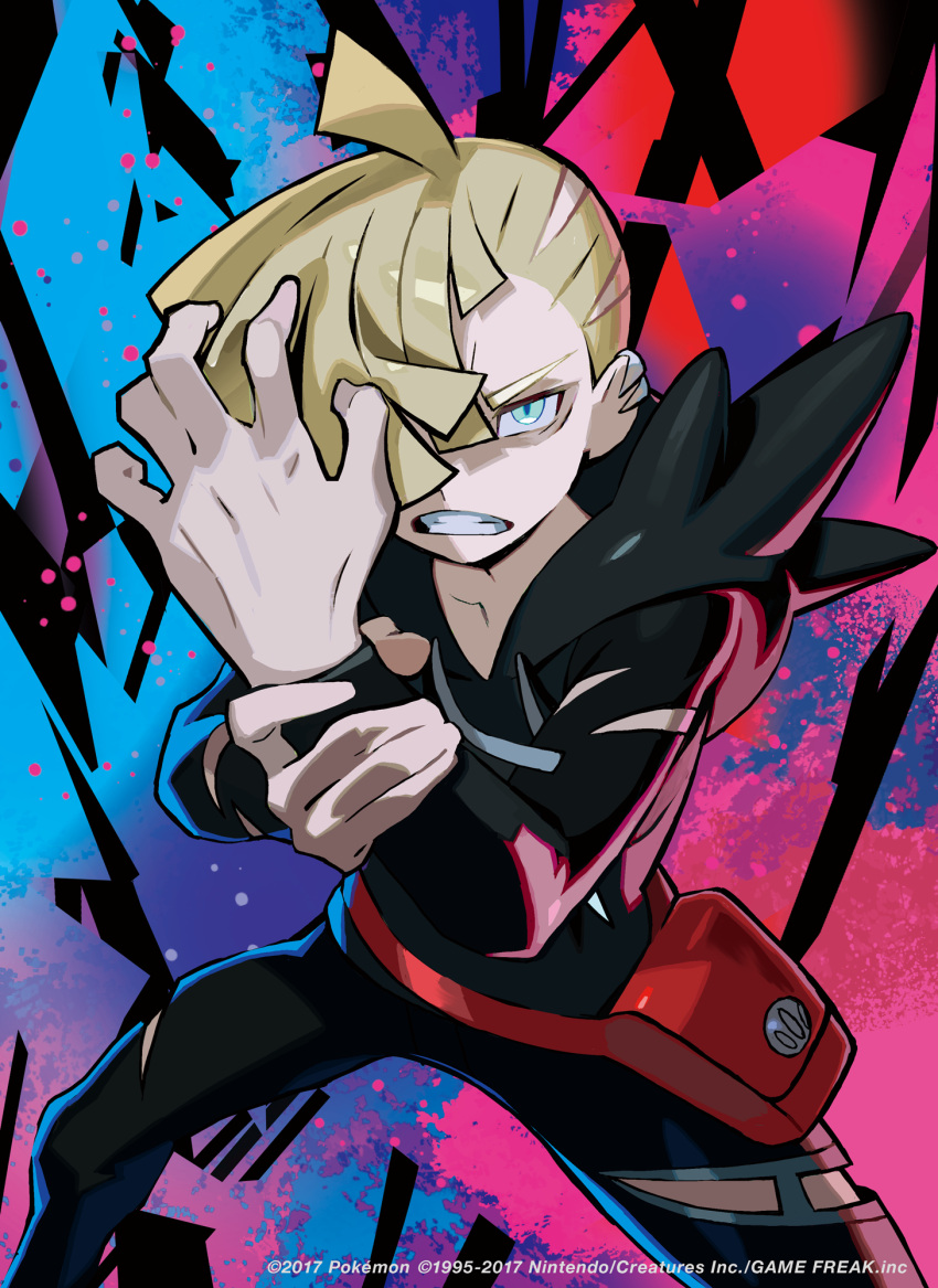 1boy, 2017, black_pants, blonde_hair, blue_eyes, clenched_teeth, ear_piercing, frown