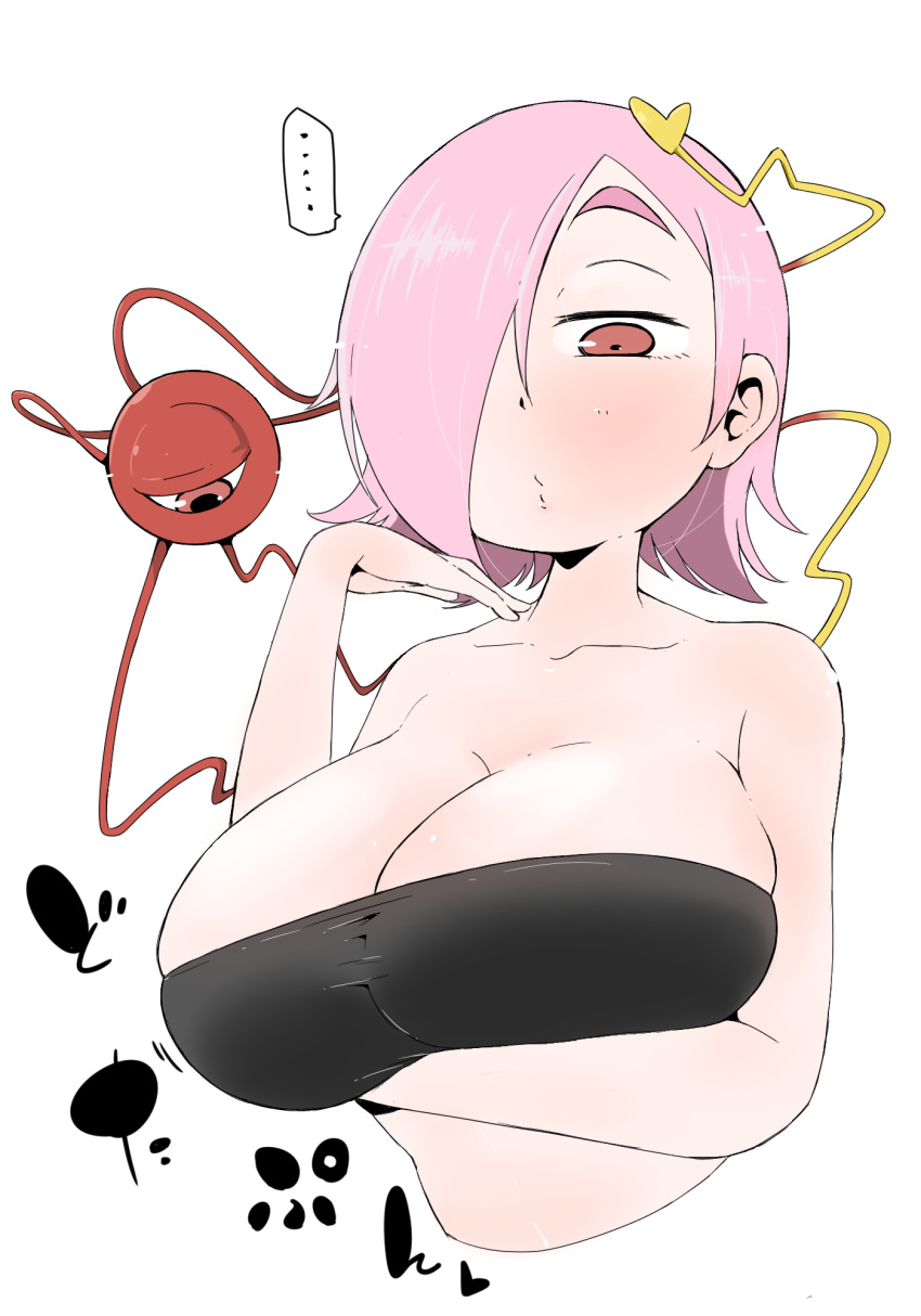 ..., 1girl, alternate_breast_size, alternate_hairstyle, bare_shoulders, breast_hold, breasts, cleavage, collarbone, cropped_torso, eyeball, hair_over_one_eye, heart, heart_of_string, highres, huge_breasts, komeiji_satori, pink_eyes, pink_hair, short_hair, solo, takeu, thick_eyebrows, third_eye, touhou, upper_body, white_background