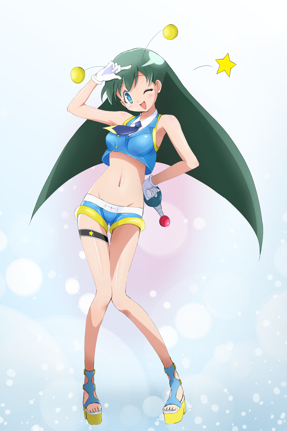 1girl, ;d, blue_eyes, eyebrows_visible_through_hair, gloves, green_hair, hand_on_head, hand_on_hip