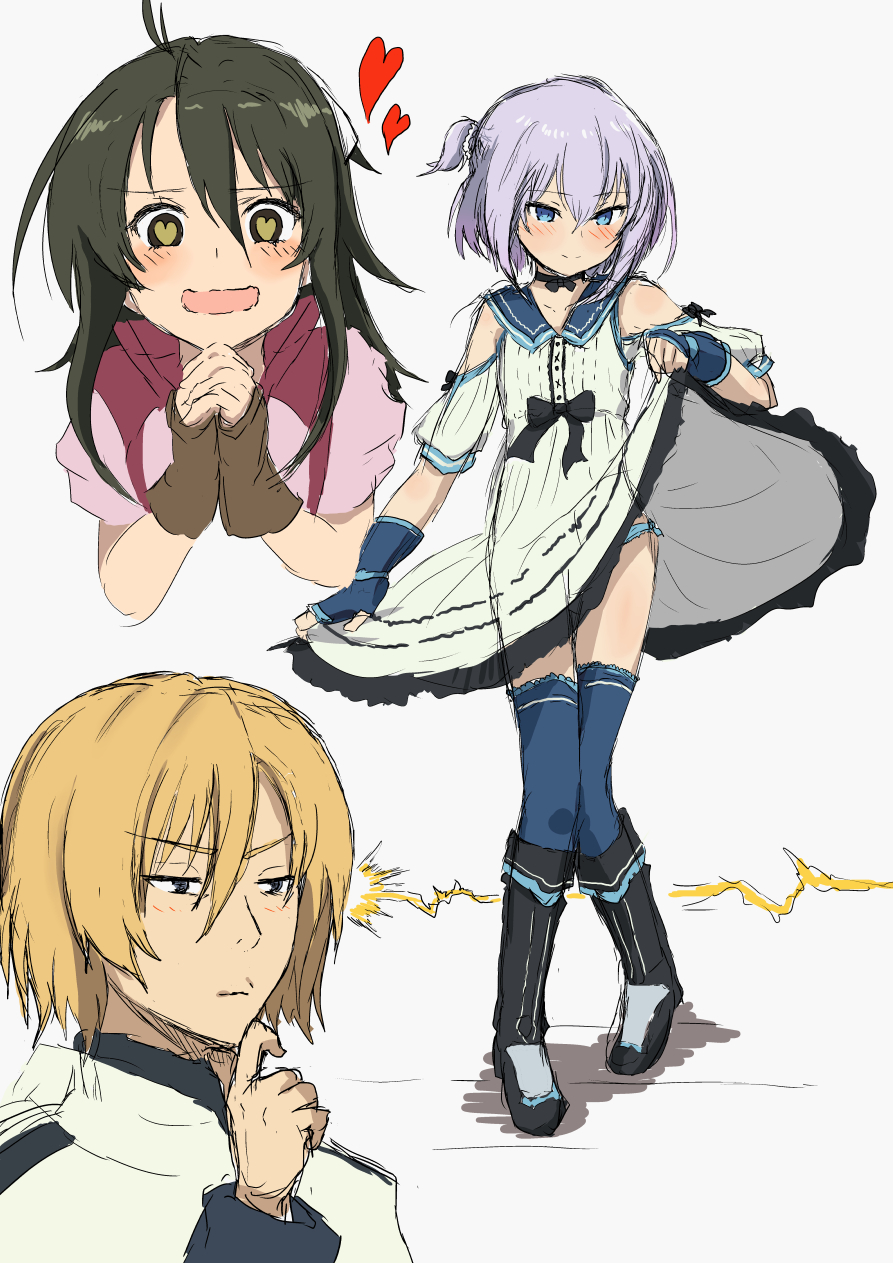 1girl, 2boys, adeltrud_walter, black_hair, blonde_hair, blue_eyes, blue_panties, blush