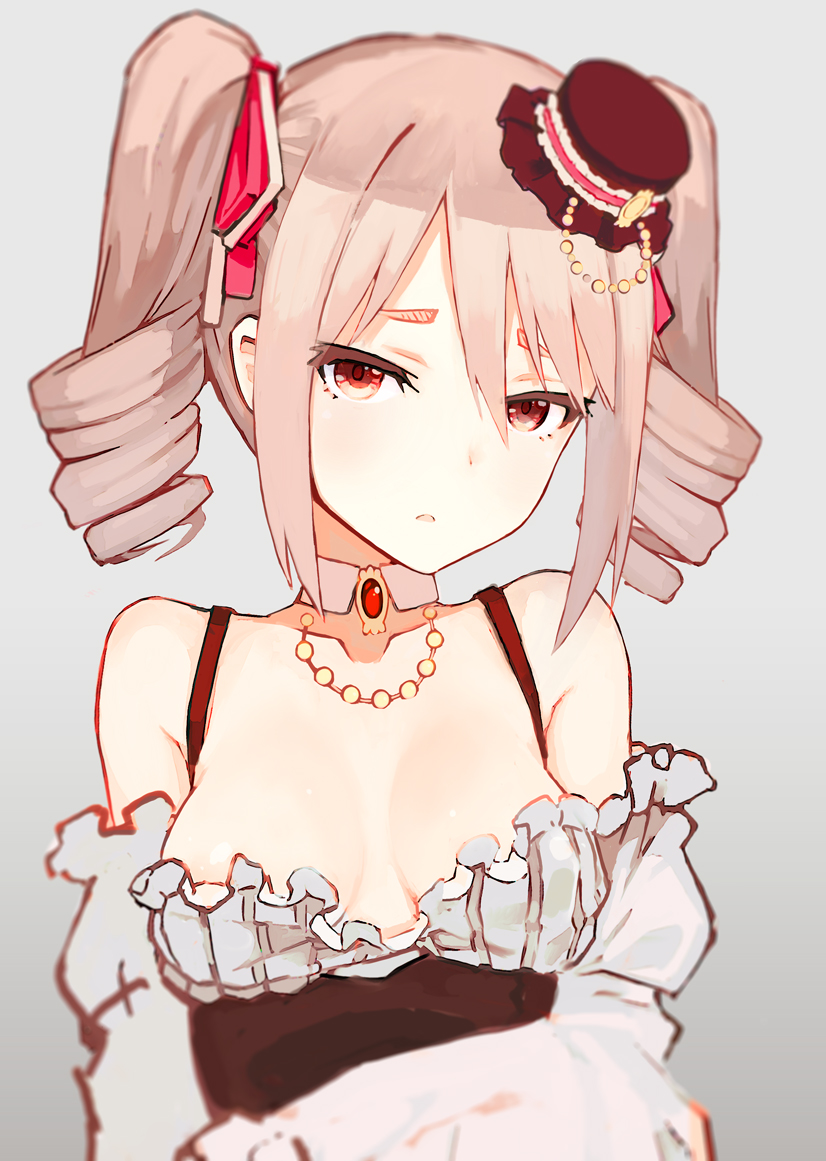1girl, bangs, bare_shoulders, breasts, brown_hat, cleavage, collarbone, corset