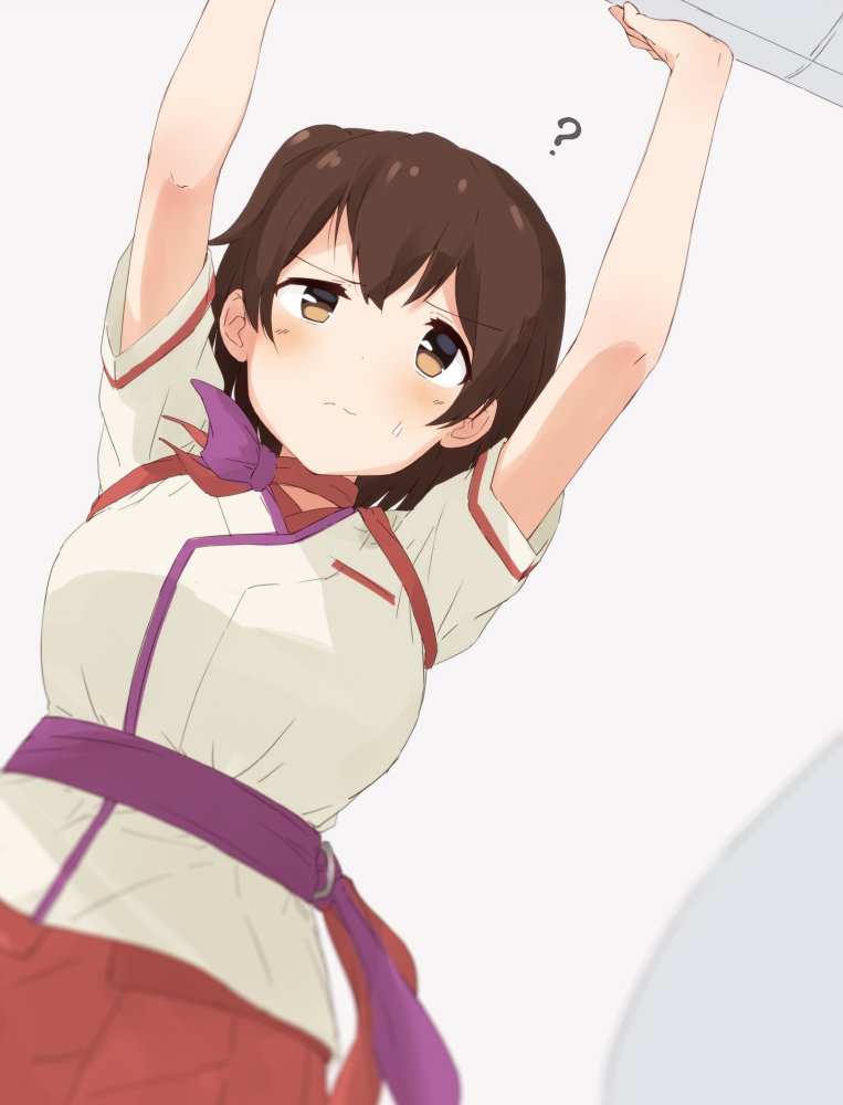 1girl, ?, alternate_costume, brown_eyes, brown_hair, commentary, from_below, hiryuu_(kantai_collection)