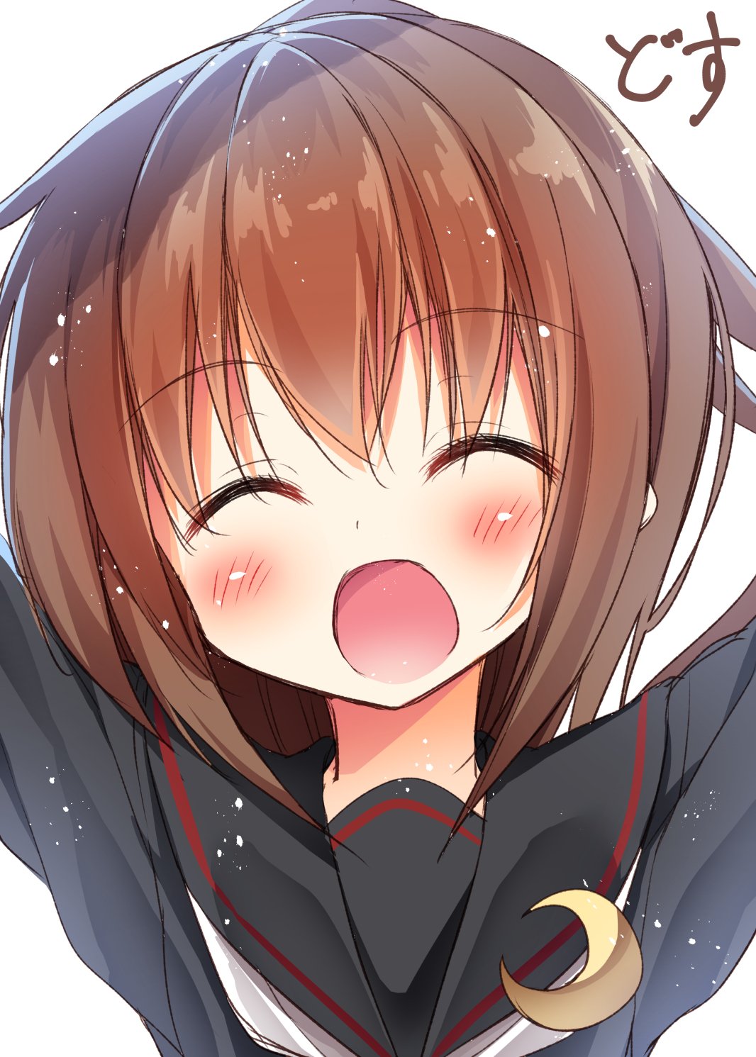 1girl, arms_up, artist_name, black_serafuku, black_shirt, brown_hair, closed_eyes, crescent