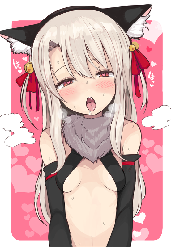 1girl, animal_ears, bell, blush, breasts, cat_ears, elbow_gloves, fate/kaleid_liner_prisma_illya, fate_(series), fur_trim, gloves, hair_bell, hair_ornament, heart, heart-shaped_pupils, heart_background, illyasviel_von_einzbern, long_hair, looking_at_viewer, motsu_aki, open_mouth, pink_background, pink_eyes, saliva, silver_hair, small_breasts, solo, sweat, symbol-shaped_pupils, tongue, tongue_out, upper_body