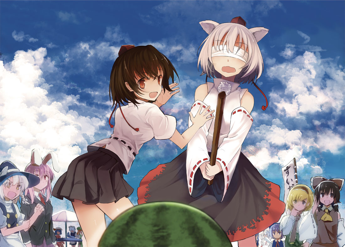 6+girls, alice_margatroid, animal_ears, ascot, black_hair, black_hat, black_skirt, blindfold