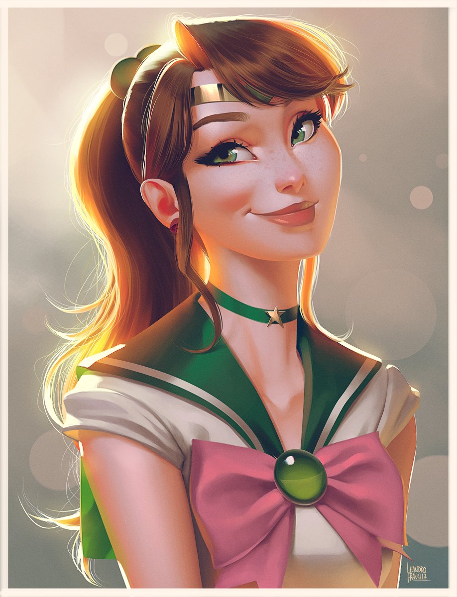 bishoujo_senshi_sailor_moon, bow, brown_hair, choker, green_choker, green_eyes, green_sailor_collar, hair_ornament, highres, inner_senshi, jewelry, kino_makoto, leandro_franci, magical_girl, pink_bow, ponytail, sailor_jupiter, tiara
