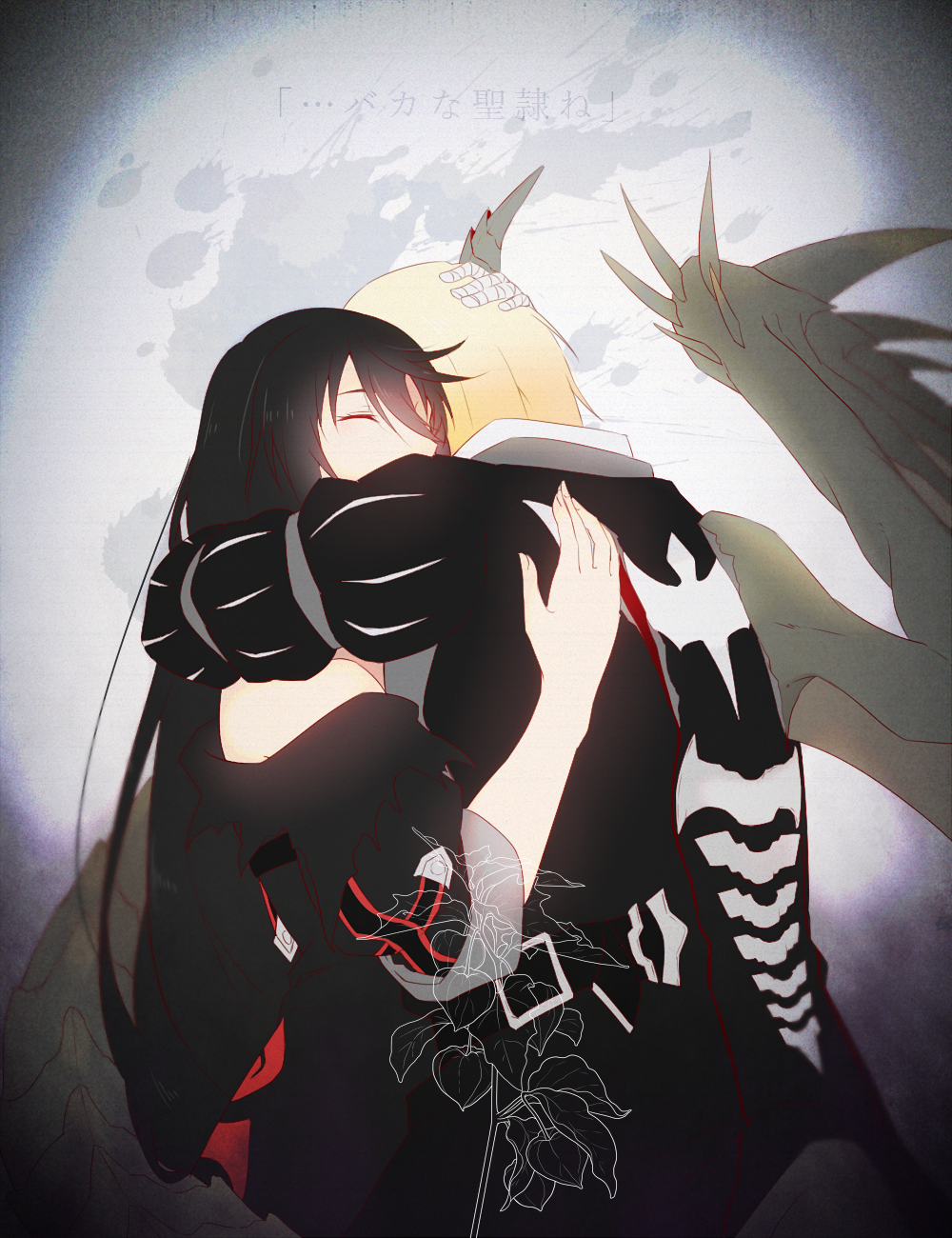 1boy, 1girl, black_hair, blonde_hair, braid, closed_eyes, eizen_(tales), fuyusu_tales