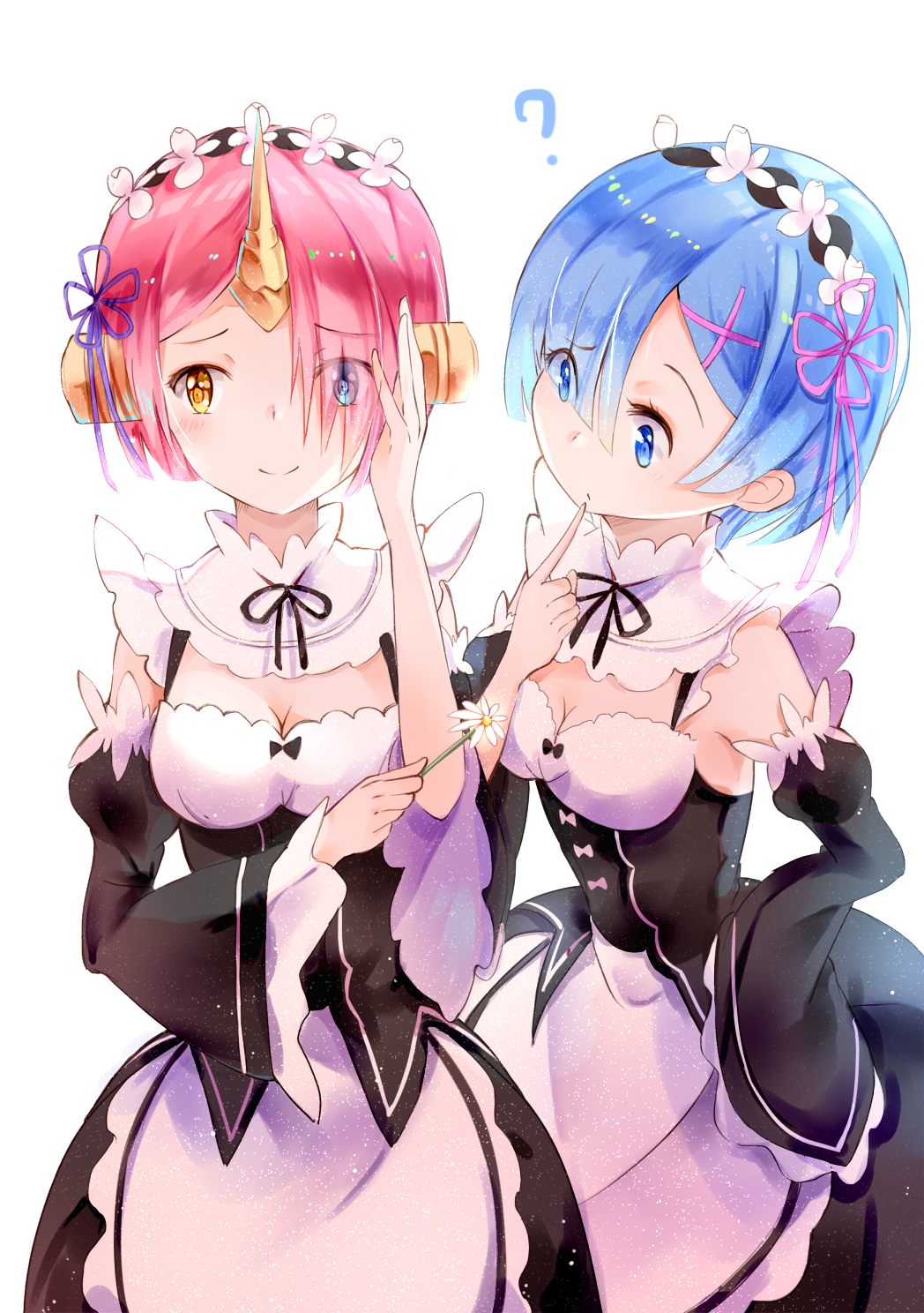 2girls, ?, amicis_(amisic), apron, bangs, berserker_of_black, black_dress, blue_eyes