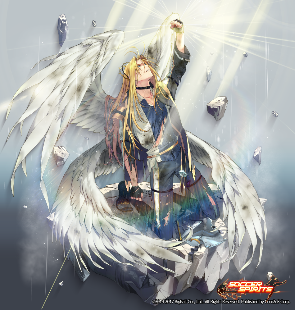 1boy, ahoge, angel_wings, arm_up, ayto, black_choker, black_gloves, black_legwear