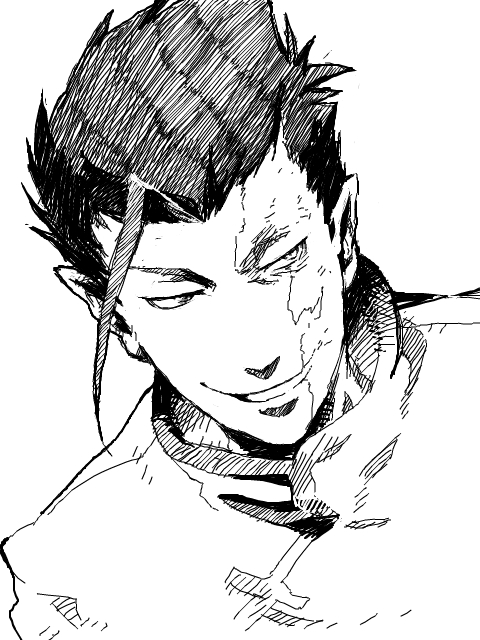 darker_than_black, elf, fringe, grin, male, monochrome, pointy_ears, portrait, scar, smile, wei_zhijun