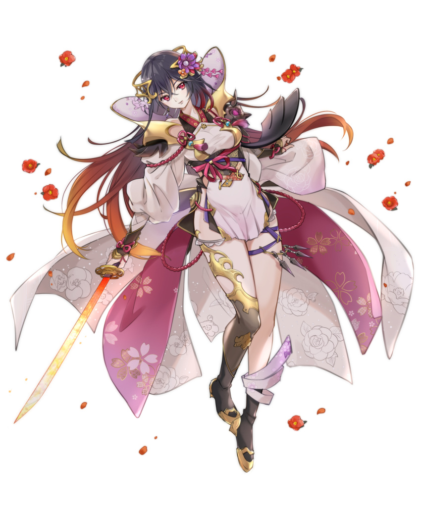 1girl, absurdres, black_hair, flower, full_body, gradient_hair, hair_flower, hair_ornament