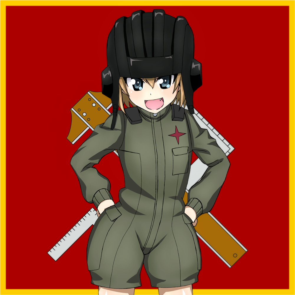 1girl, bangs, bickle_(bickle1983), blonde_hair, blue_eyes, commentary, cowboy_shot, crossed_arms, emblem, fang, girls_und_panzer, green_jumpsuit, hands_on_hips, helmet, katyusha, long_sleeves, looking_at_viewer, military, military_uniform, open_mouth, pravda_(emblem), pravda_military_uniform, short_hair, short_jumpsuit, smile, solo, standing, uniform